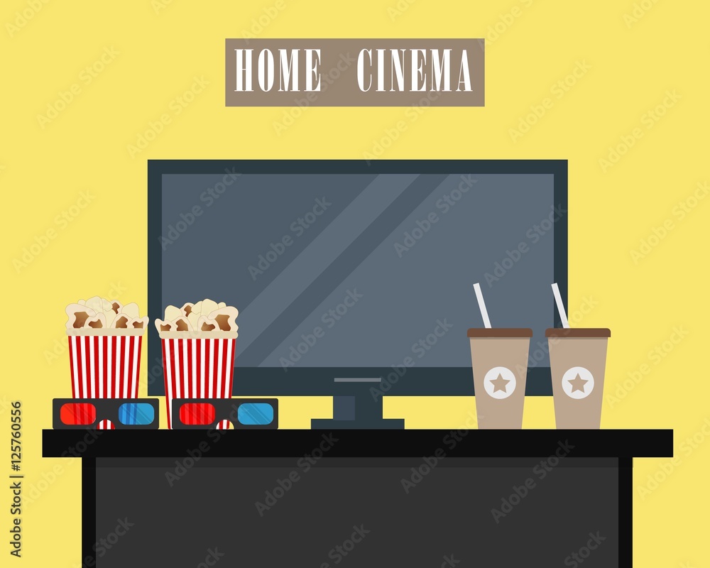 Home cinema. There is home cinema, 3D glasses, popcorn and coffee on a yellow background in the picture. Watch movies online concept.