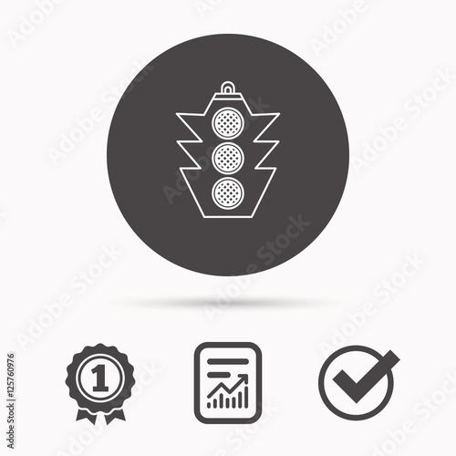 Traffic light icon. Safety direction regulate sign. Report document, winner award and tick. Round circle button with icon. Vector