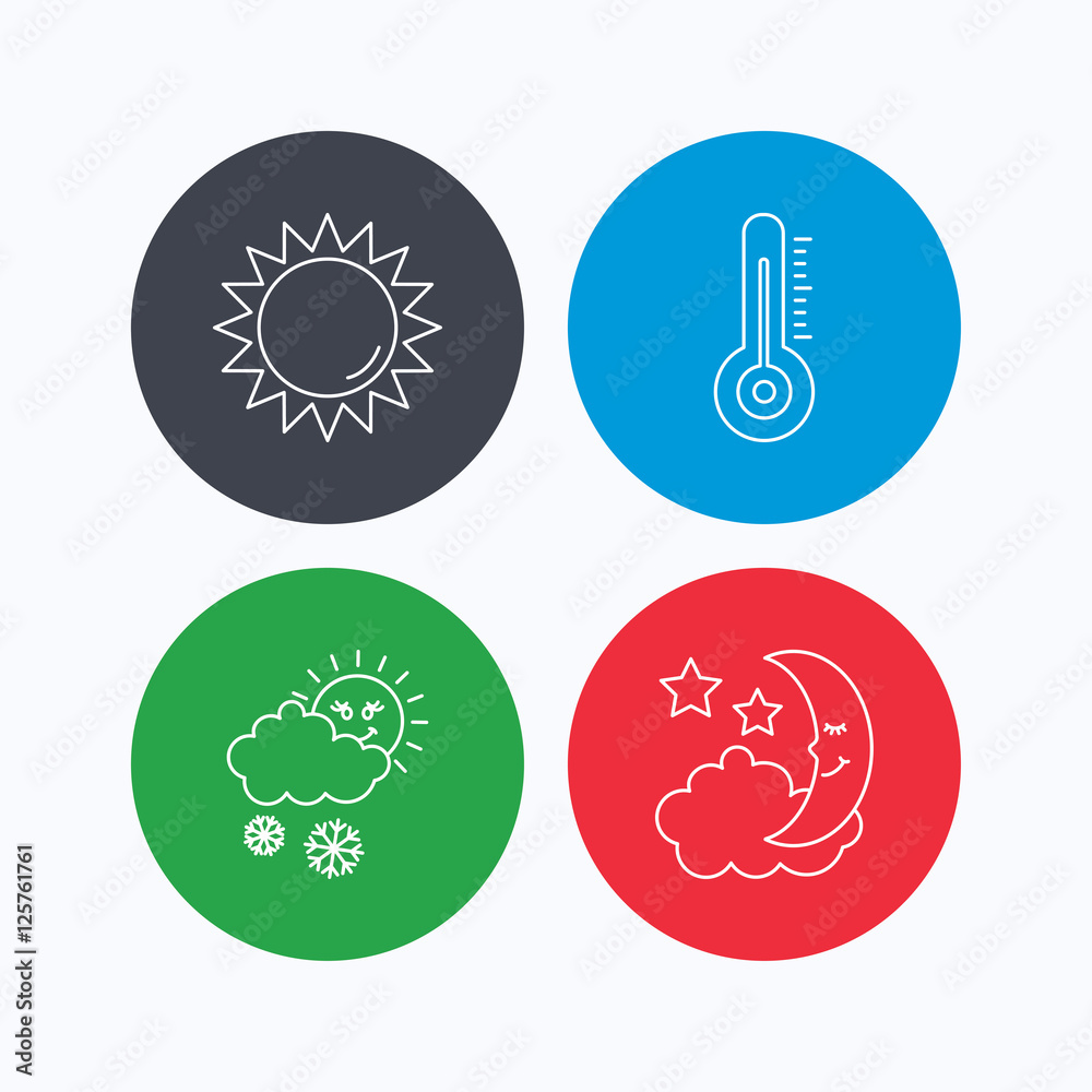 Thermometer, sun and snow icons. Moon night linear sign. Linear icons on colored buttons. Flat web symbols. Vector Thermometer, sun and snow icons. Moon night linear sign. Linear icons on colored buttons. Flat web symbols. Vector