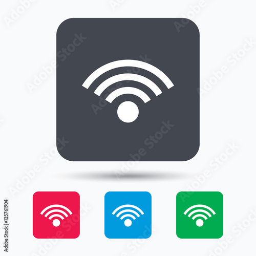 Wifi icon. Wireless internet sign. Communication technology symbol. Colored square buttons with flat web icon. Vector