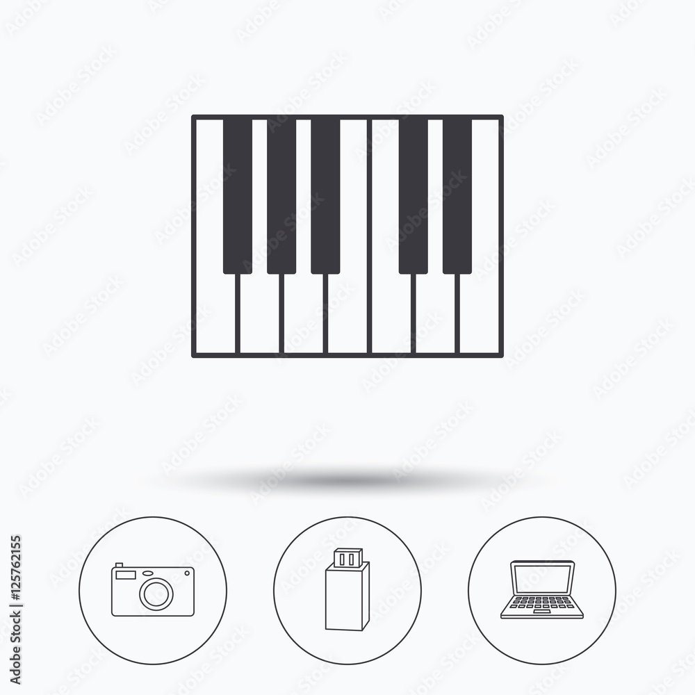 Photo camera, USB flash and notebook laptop icons. Piano linear sign. Linear icons in circle buttons. Flat web symbols. Vector Photo camera, USB flash and notebook laptop icons. Piano linear sign. Linear icons in circle buttons. Flat web symbols. Vector