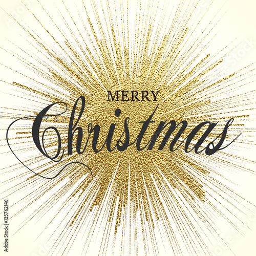Merry Christmas gold glittering lettering design. Vector illustration