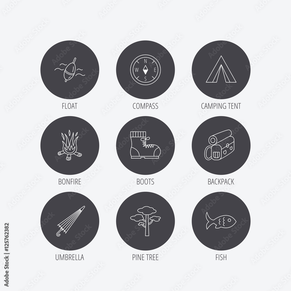 Pine tree, fishing float and hiking boots icons. Compass, umbrella and bonfire linear signs. Camping tent, fish and backpack icons. Linear icons in circle buttons. Flat web symbols. Vector Pine tree, fishing float and hiking boots icons. Compass, umbrella and bonfire linear signs. Camping tent, fish and backpack icons. Linear icons in circle buttons. Flat web symbols. Vector