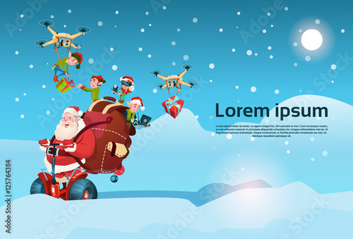 Santa Claus With Sack Ride Electric Segway Scooter, Elf Flying On Drone Present Delivery Christmas Holiday New Year Banner Flat Vector Illustration
