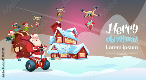 Santa Claus With Sack Ride Electric Segway Scooter, Elf Flying On Drone Present Delivery Christmas Holiday New Year Banner Flat Vector Illustration