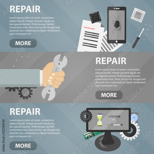 Vector flat horizontal banners of repair for websites. Business concept of computer support service and electronic market. Set of phone elements and hardware.