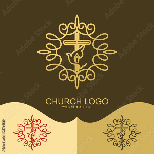 Church logo. Christian symbols. The Cross of Jesus, the Holy Spirit - Dove, elegant patterns.