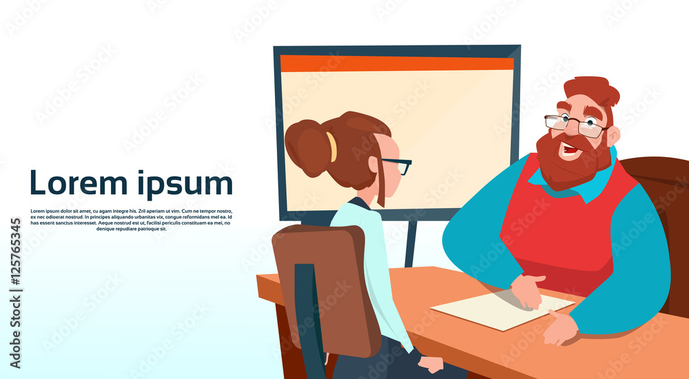 Naklejka premium Businessman Sitting Office Desk Businesswoman Apply Job Interview Business People Candidate Flat Vector Illlustration