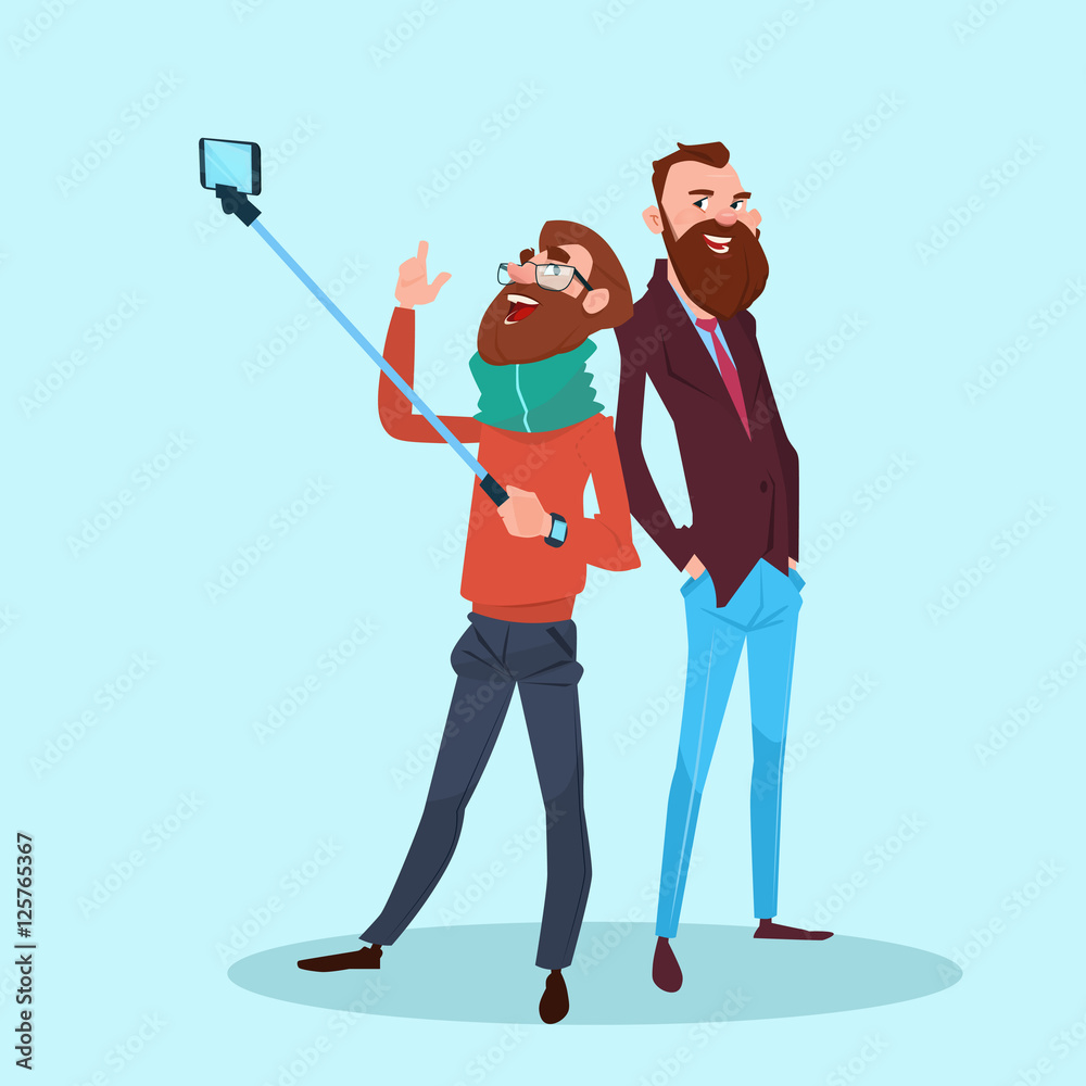 Two Man Taking Selfie Photo On Smart Phone With Stick Flat Vector Illustration