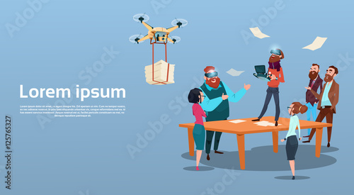 Business Man Wear Digital Glasses Visual Reality Businesspeople Group Meeting Drone Flying Quadrocopter Flat Vector Illustration
