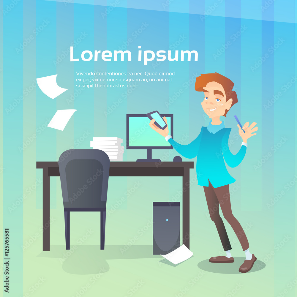 Business Man Hold Cell Smart Phone Chatting Office Workplace Interior, Social Network Communication Flat Vector Illustration Business Man Hold Cell Smart Phone Chatting Office Workplace Interior, Social Network Communication Flat Vector Illustration