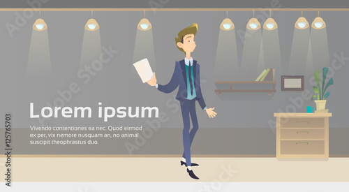Successful Business Man Hold Contract Document Office Interior Make Step Flat Vector Illustration