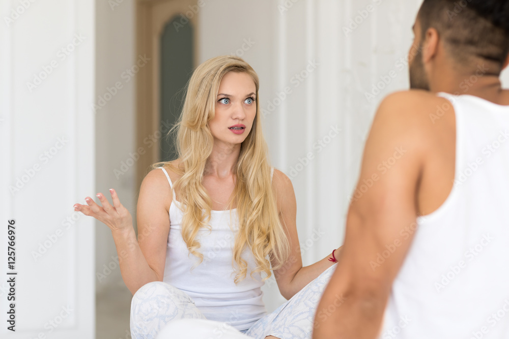 Young Couple Lying In Bed, Having Conflict Relationships Problem, Sad Negative Emotions Unhappy Hispanic Man And Woman Lovers In Bedroom