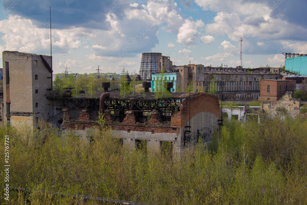 Abandoned factory of synthetic rubber overgrown by trees, ruins of buildings and