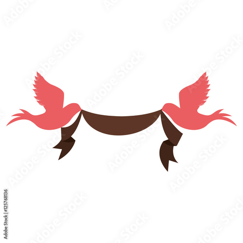 Fototapeta Naklejka Na Ścianę i Meble -  pink doves birds holding a  brown ribbon over white background. vector illustration