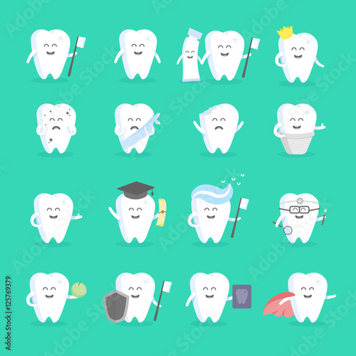 Cute cartoon tooth character set with face, eyes and hands. The concept for the personage of clinics, dentists, posters, signage, web sites