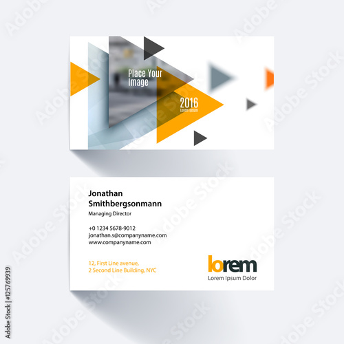 Vector business card template with flying triangles, arrows, pol