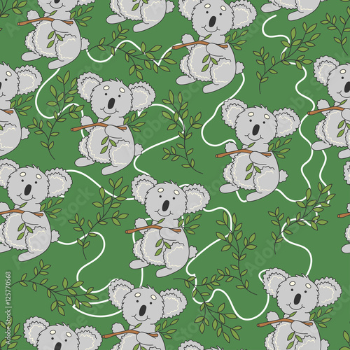 Fototapeta Naklejka Na Ścianę i Meble -  Koala pattern. Cute koala with leaves on a green background. 