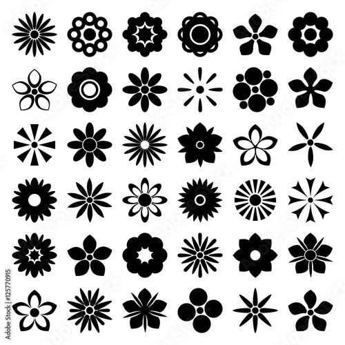 Flower icons set. Flower silhouettes isolated on white background collection. Retro design elements for stickers, labels, tags, gift wrapping paper. Vector illustration
