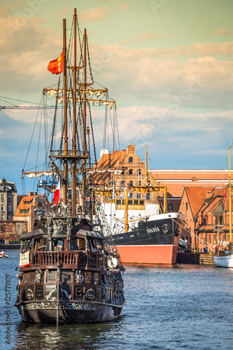 Gdansk,Poland-September 19,2015:Tourist ship and colourful histo