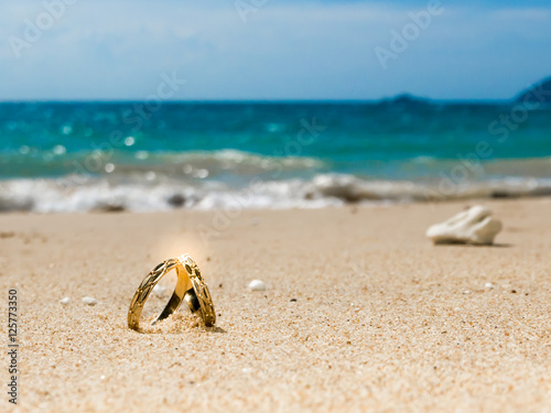 Honeymoon on tropical island, two wedding rings on the beach, sa
