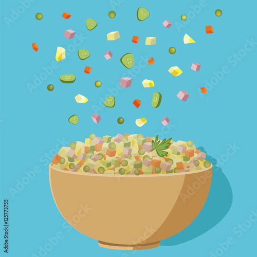 Vector illustration of russian traditional new year's dish Olivier salad. 