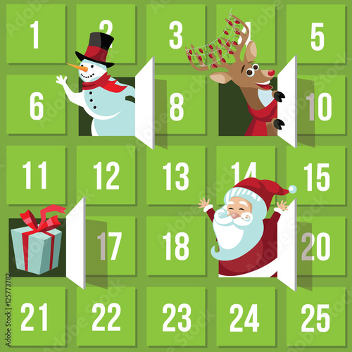 
Christmas Advent Calendar with Santa Claus, reindeer, snowman and gift. EPS 10 vector.