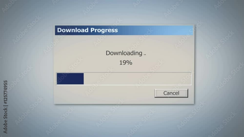 Retro downloading dialog box with blue status bar, percentage showing progress