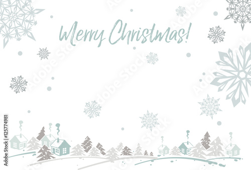 Greeting card with winter village and sign "Merry Christmas!". 