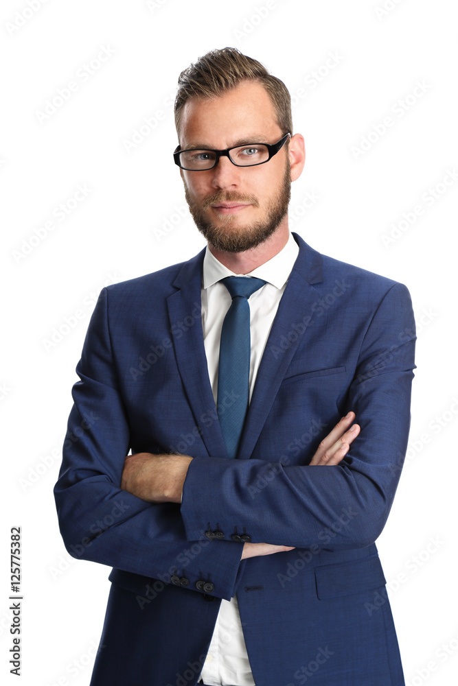 Attractive businessman standing in a blue suit and tie, wearing glasses. White background. Attractive businessman standing in a blue suit and tie, wearing glasses. White background.