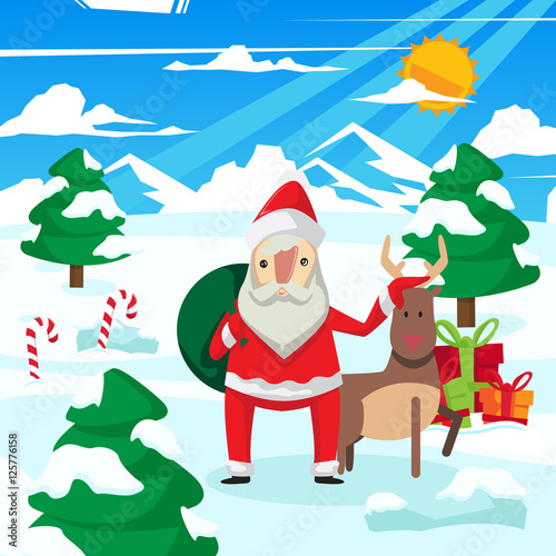 Christmas Card Illustration - Santa Claus Posing With Rudolph © naulicreative