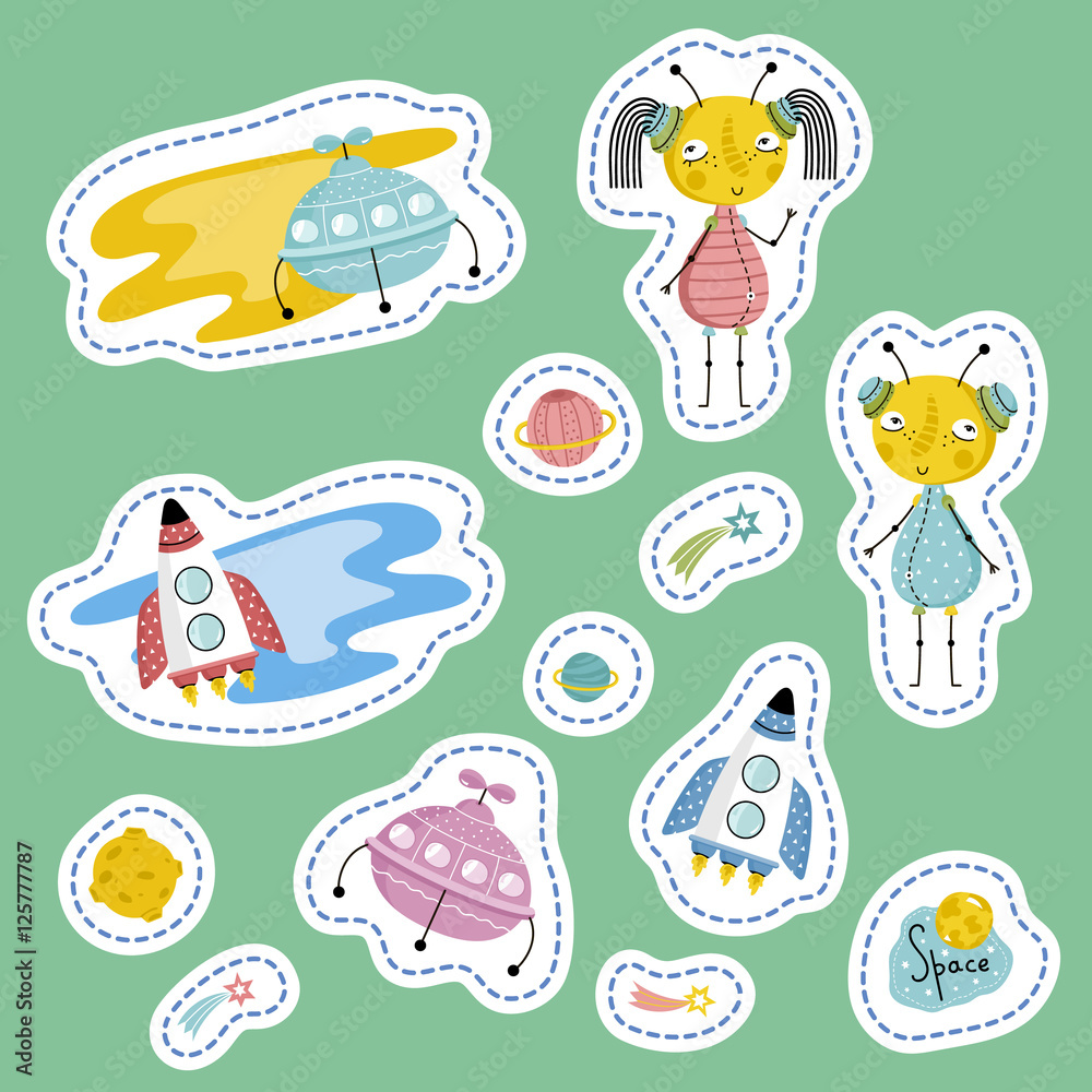 Space cartoon stickers. Flying saucers, rockets, Saturn, Moon, falling star or comet, cute alien boy and girl vector illustrations isolated on green background. Counters for table games, price tags