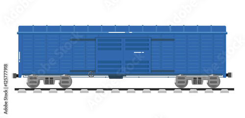 Railway wagon isolated on white background vector illustration. Railroad transport design element. Side view freight container. Cargo train on railroad. Rail carriage in flat design