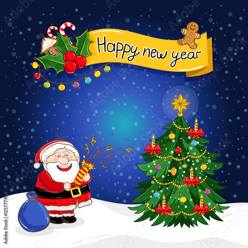 Happy New Year greeting card with Santa Claus and decorated christmas tree vector illustration. Santa with sack full of gifts. Christmas tree with light decoration and toys. Snowflakes background