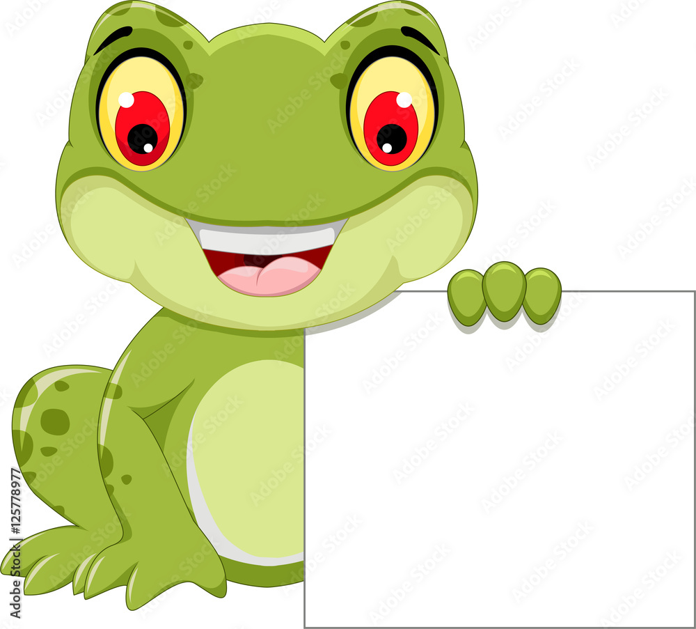 Fototapeta premium funny frog cartoon holding a blank sign