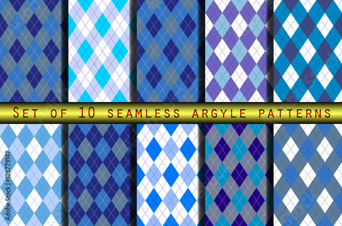 Set of ten seamless argyle pattern in shades of blue. 