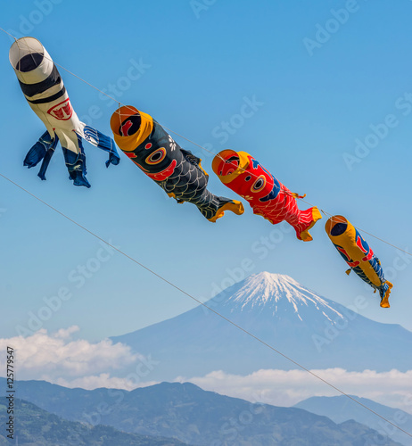 Colorful flying carp flag over mount Fuji on Children's day in Japan.