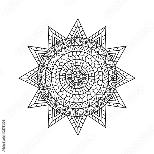 Hand drawn sun for anti stress colouring page.