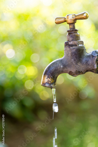 Brass water tap in nature background.