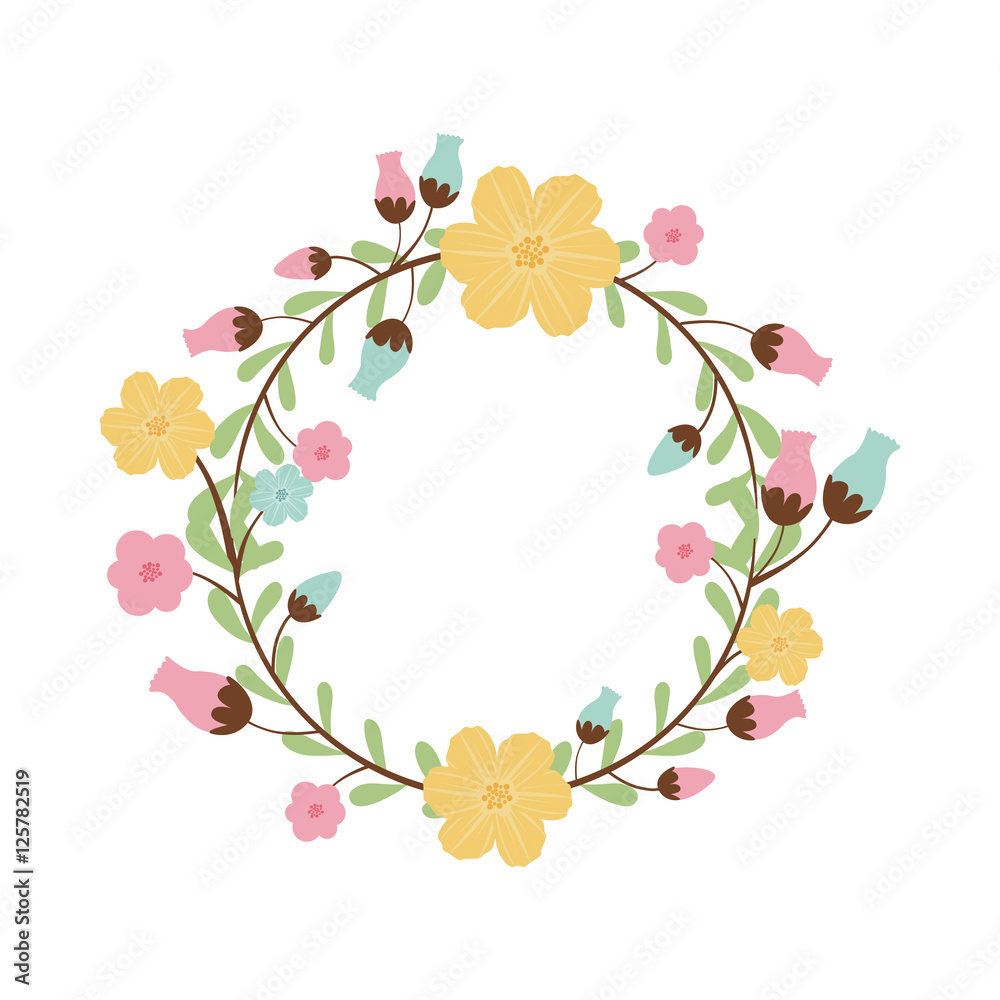 decorative wreath with oval green leaves and flowers icon over white background. colorful design. vector illustration 