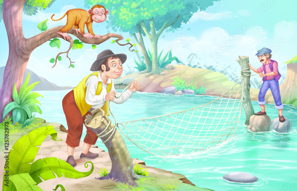 The monkey and the fisherman story (8+9) Stock Illustration