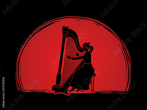 Harp player designed on sunset background graphic vector.