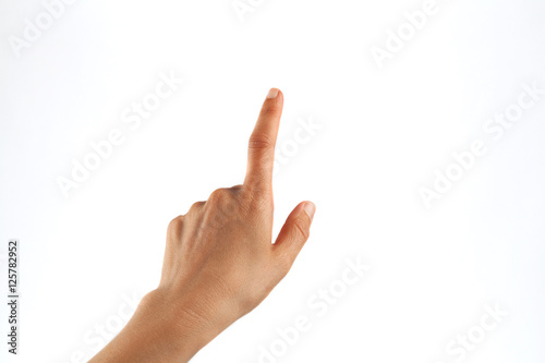 Slika na platnu Female hand tapping with one finger isolated on white
