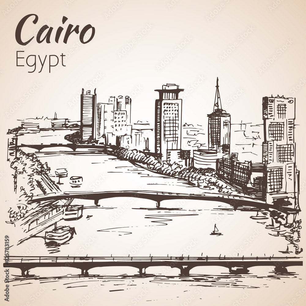 Cairo skyline, Egypt. Sketch. Isolated on white background