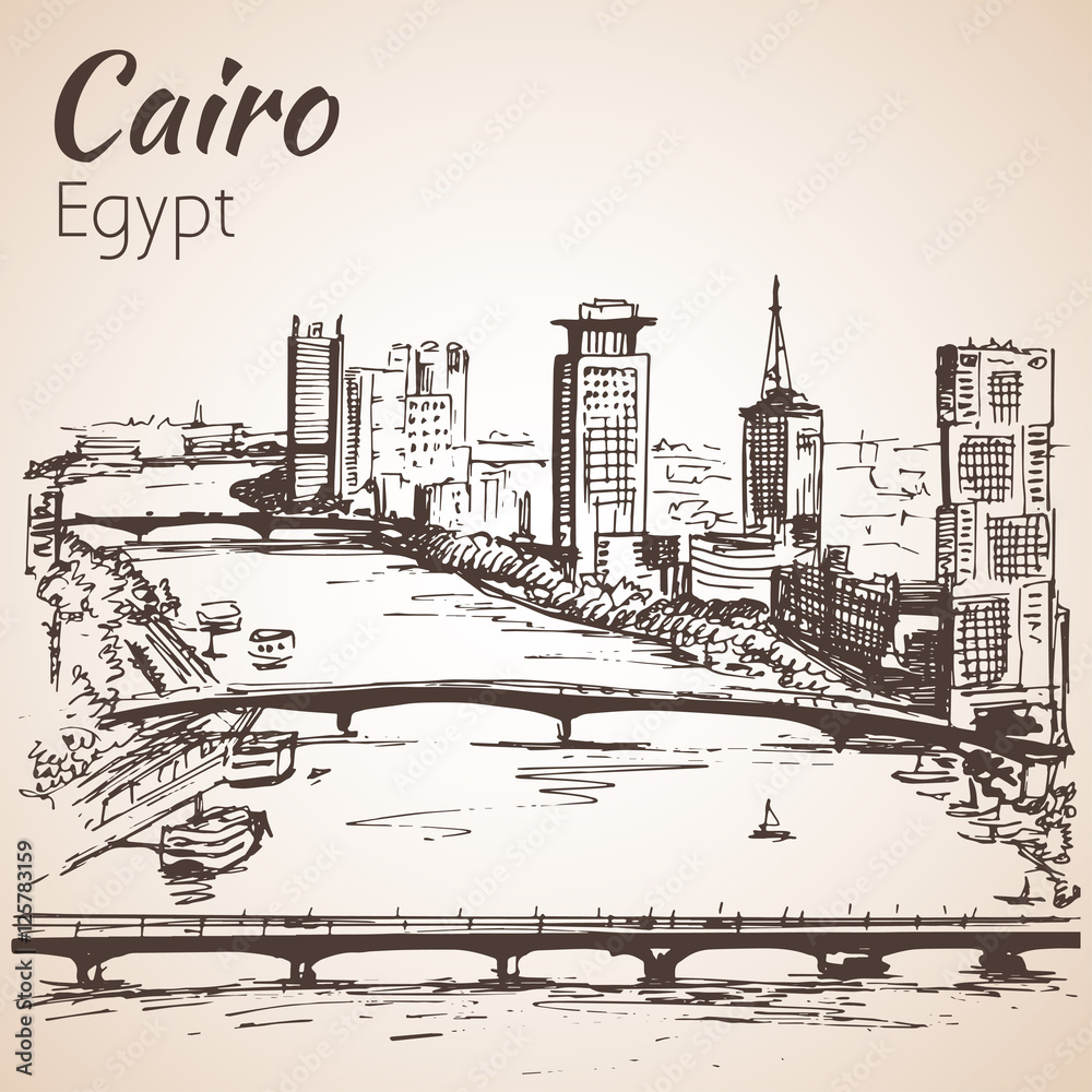 Fototapeta premium Cairo skyline, Egypt. Sketch. Isolated on white background