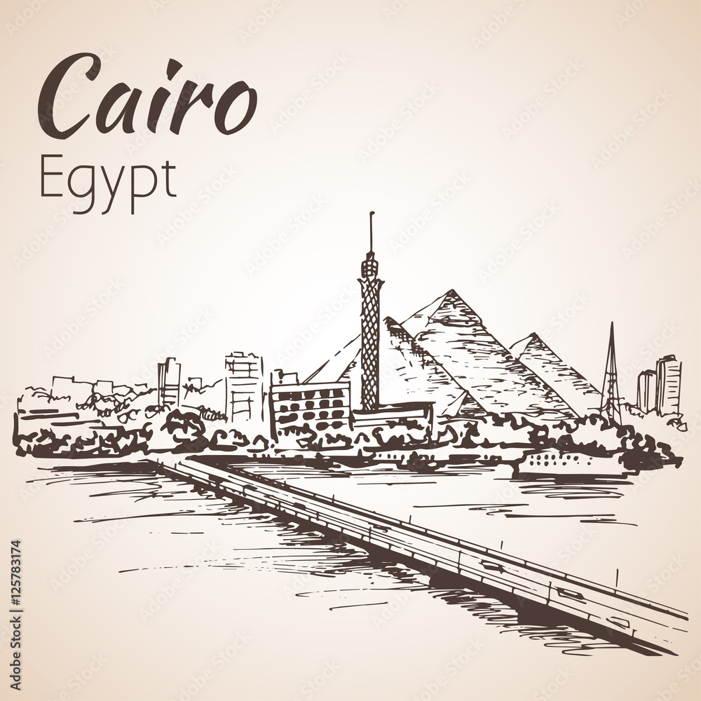 Cairo tower on the river Nile - skyline, Egypt. Sketch.
