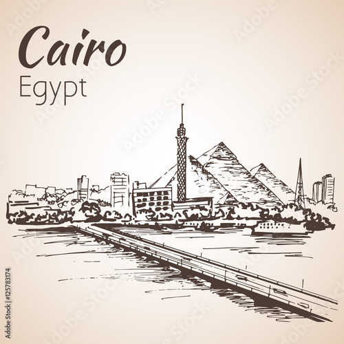 Cairo tower on the river Nile - skyline, Egypt. Sketch.