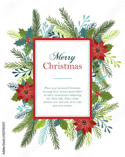 Merry Christmas message with a border of flowers, holly and fir.