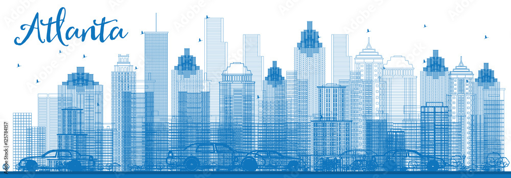 Outline Atlanta Skyline with Blue Buildings.