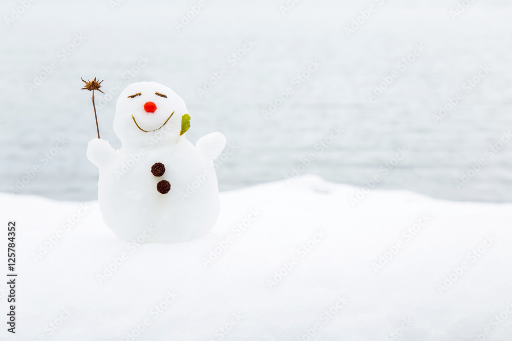 Portrait of very small, nice, smiling snowman in winter on the lake background. Positive mood. Portrait of very small, nice, smiling snowman in winter on the lake background. Positive mood.
